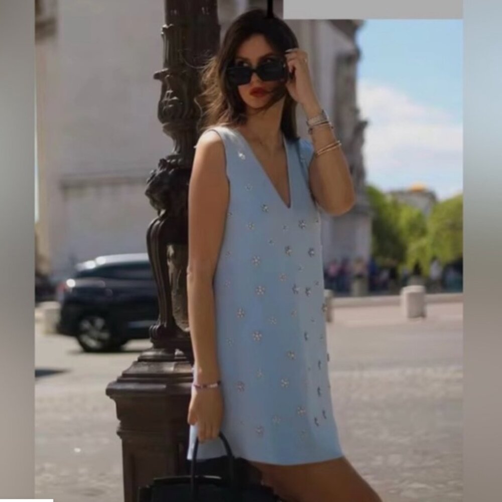 Zara BEADED PEARL JEWEL KNIT MINI DRESS Light Blue 2142/081 S M L NWT - Picture 3 of 13